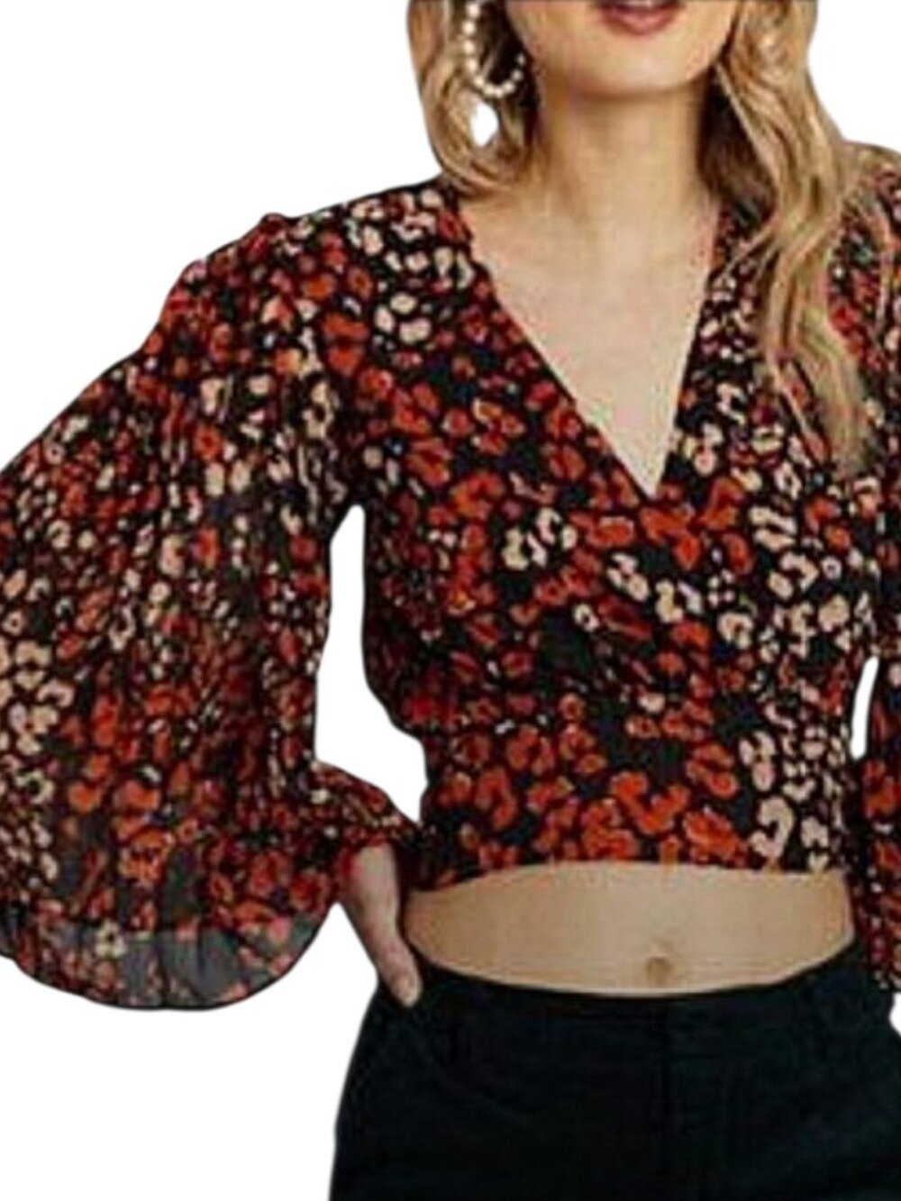 ASTR V-Neck Wrap Tie Bell Sleeve Crop Crepe Blouse Sexy/Boho/Dramatic/Gypsy - M